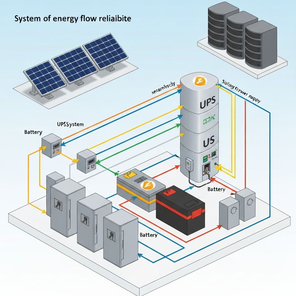 Integrated solar panel, UPS, and battery system supplying power to data centers